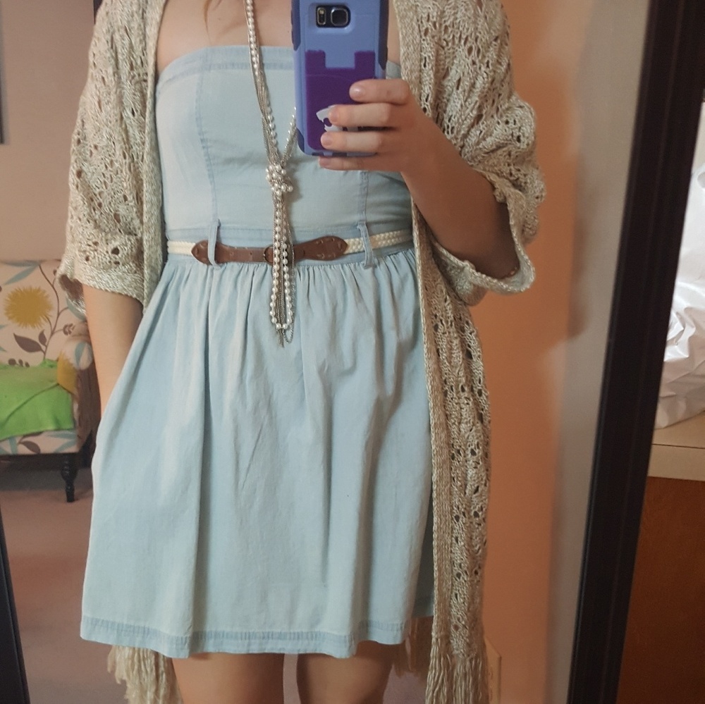 Strapless Denim Dress with Belt and Pockets